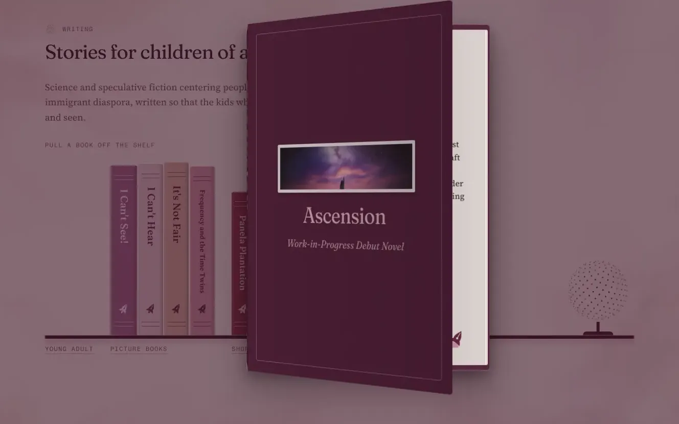 The site’s bookshelf, with a book pulled off the shelf and turning to show its cover.